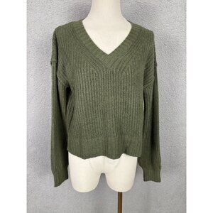 Hippie Rose Juniors' V-Neck Ribbed Knit Pullover Sweater Camo Green XS NWT's